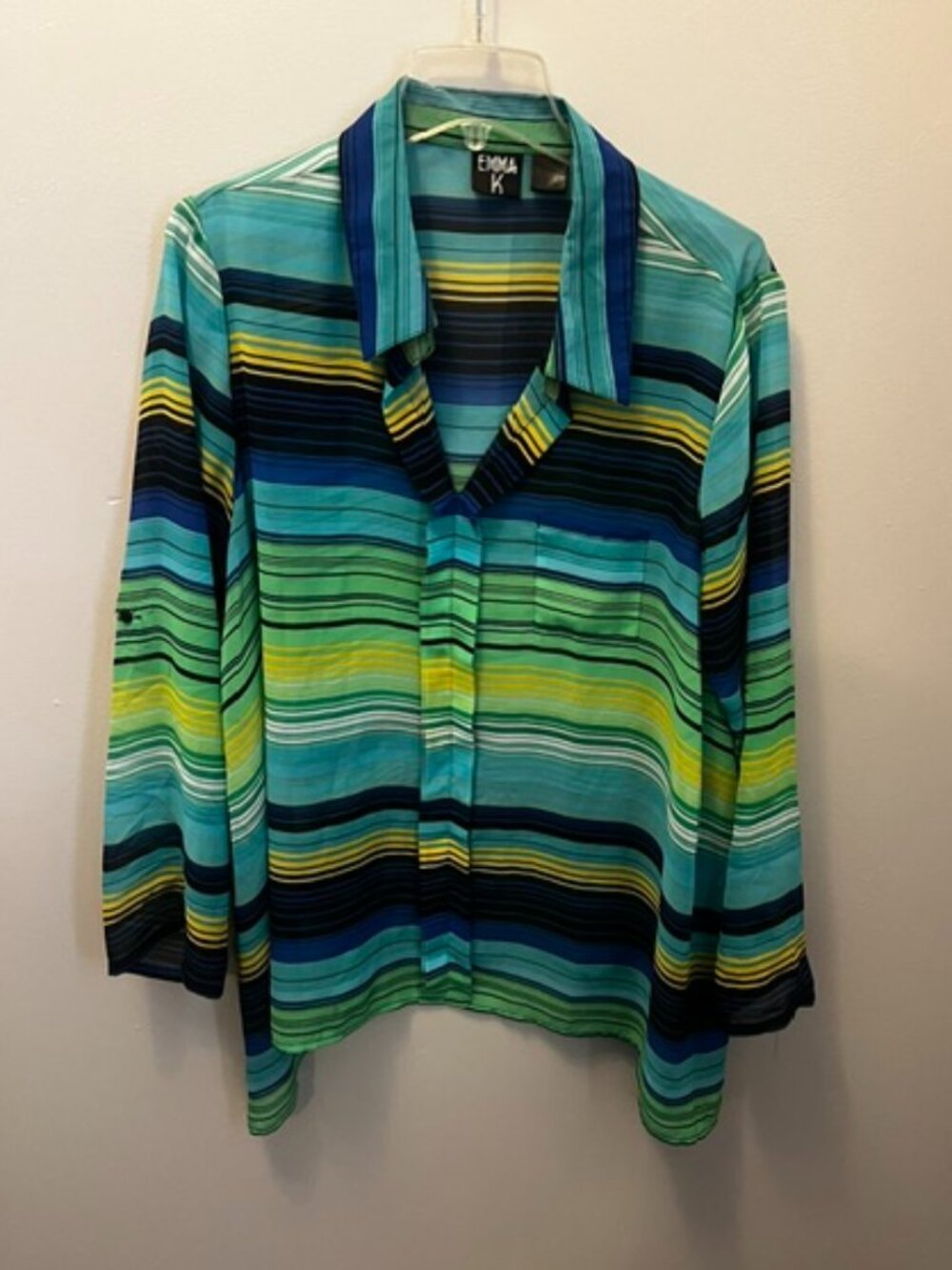 Women's Emma K Blouse, Size XL, Multi Color, Flowy, Collar, Sheer, Good Con!